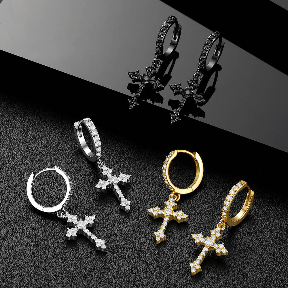 Silver, Gold, Black Sparkling Cubic Zirconia Cross Dangle Hoop Earrings for Men