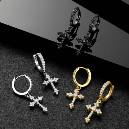 Silver, Gold, Black Sparkling Cubic Zirconia Cross Dangle Hoop Earrings for Men