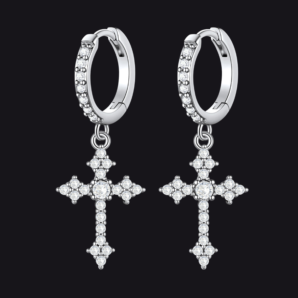 Silver Sparkling Cubic Zirconia Cross Dangle Hoop Earrings for Men