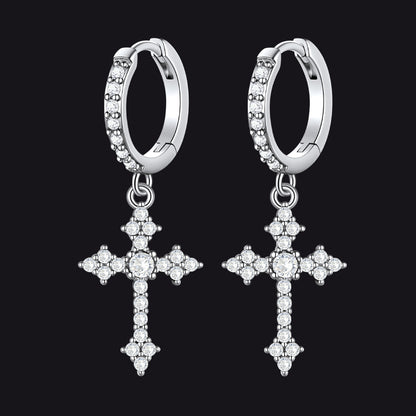 Silver Sparkling Cubic Zirconia Cross Dangle Hoop Earrings for Men