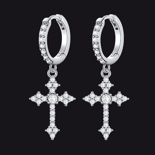 Silver Sparkling Cubic Zirconia Cross Dangle Hoop Earrings for Menimg