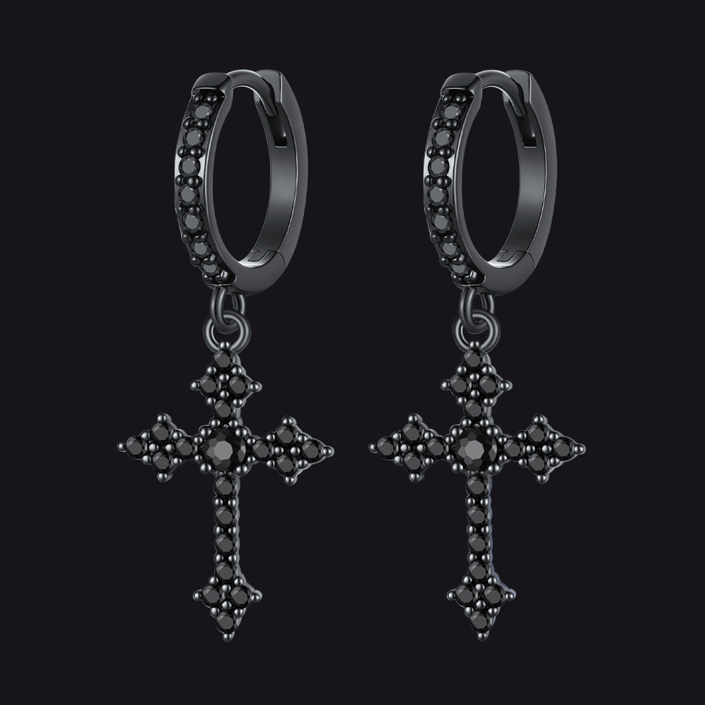 Black Sparkling Cubic Zirconia Cross Dangle Hoop Earrings for Men