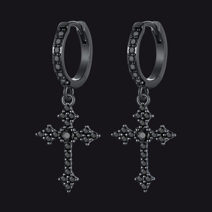 Black Sparkling Cubic Zirconia Cross Dangle Hoop Earrings for Men