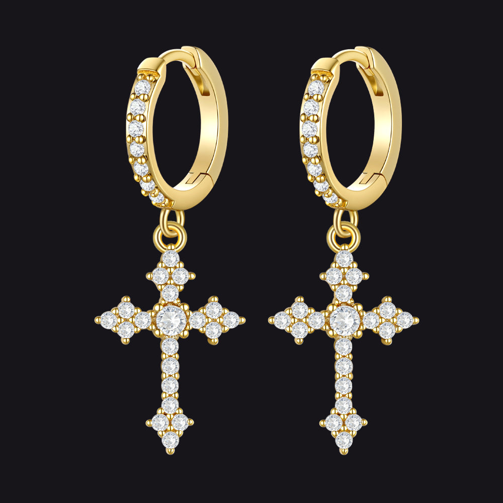 Gold Sparkling Cubic Zirconia Cross Dangle Hoop Earrings for Men