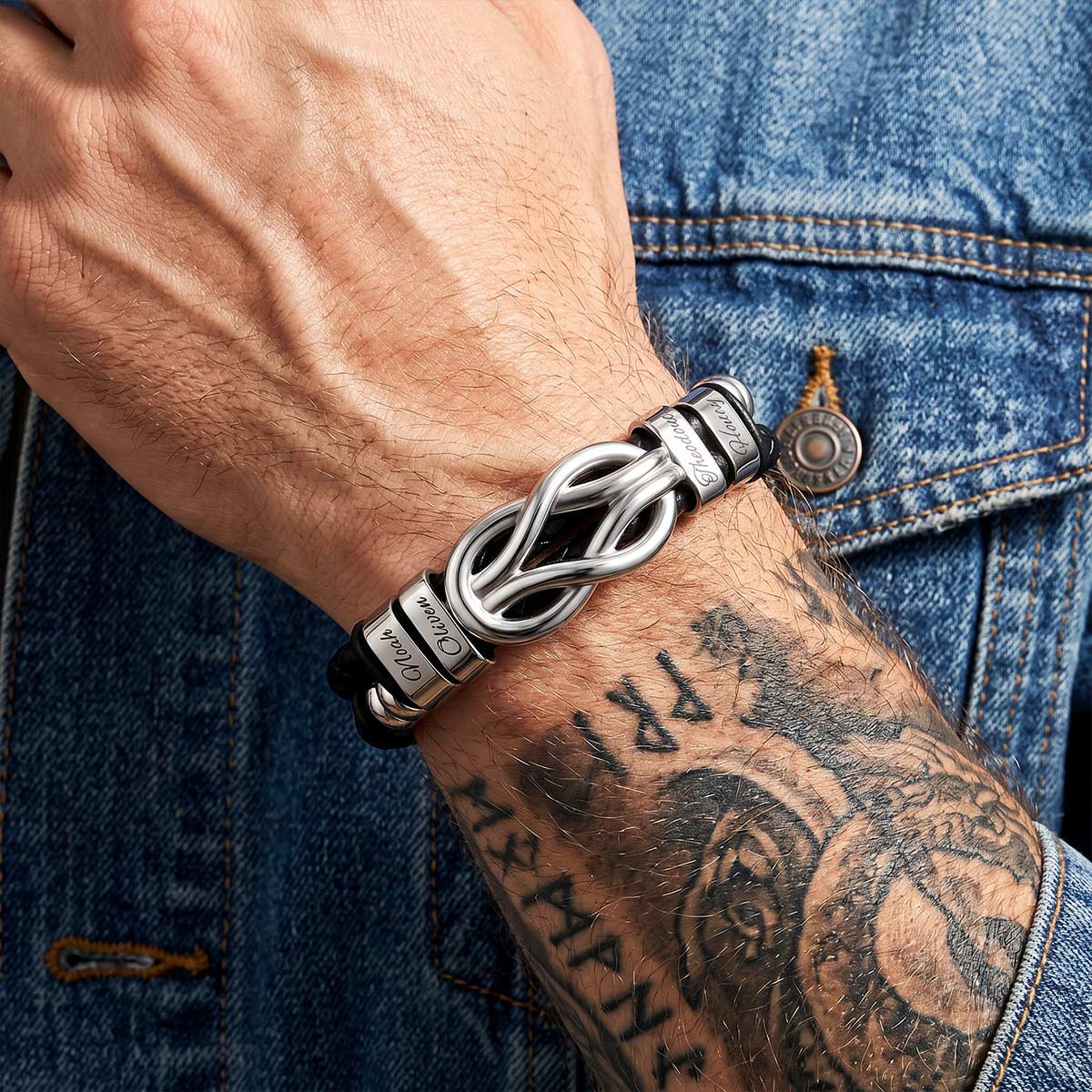  Custom Engraved Names Infinity Love Knot Leather Bracelet for Men Couple