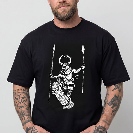 Man wearing a black Skateboarding Viking T-Shirt img