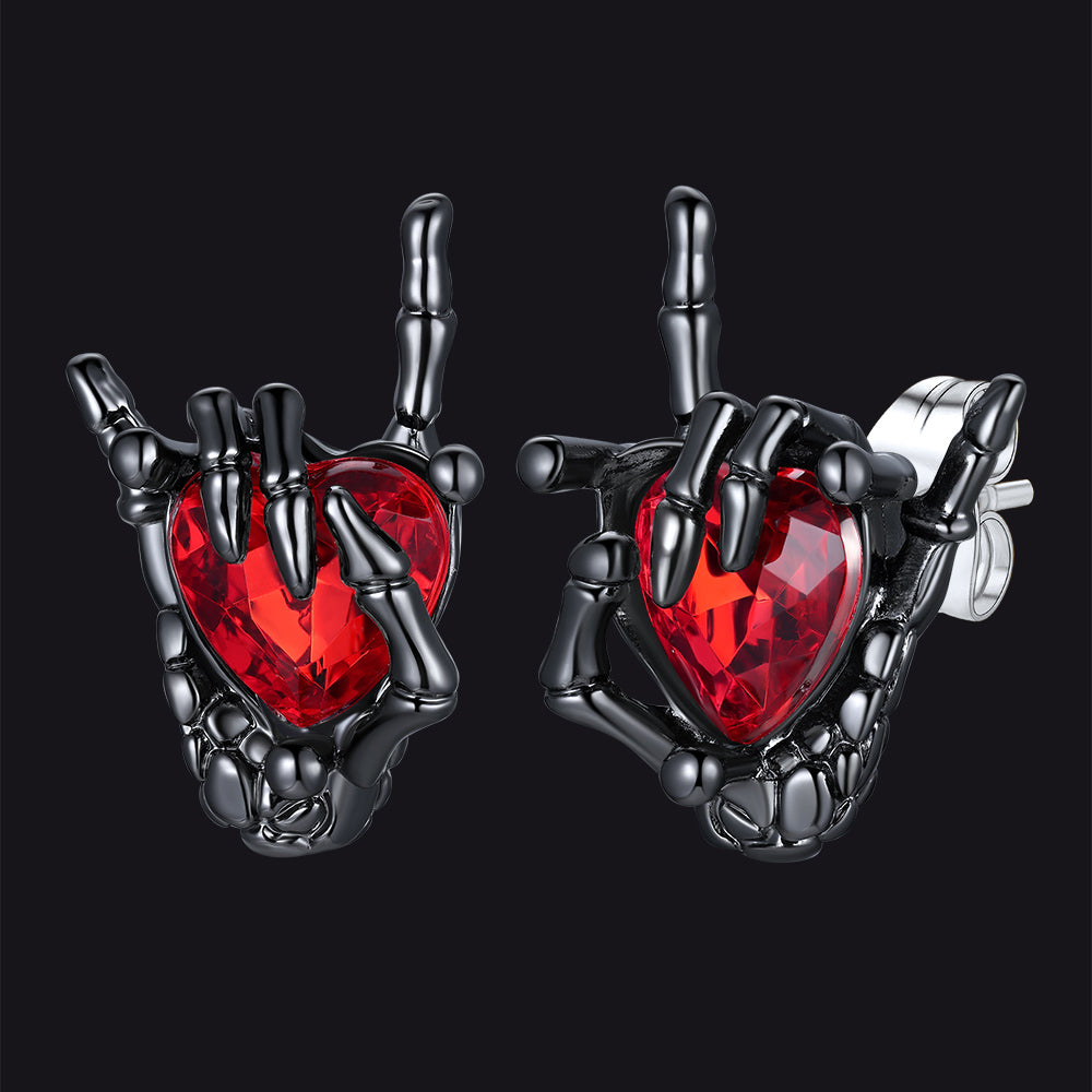 Skeleton Rock Hand Heart Ruby Stud Earrings