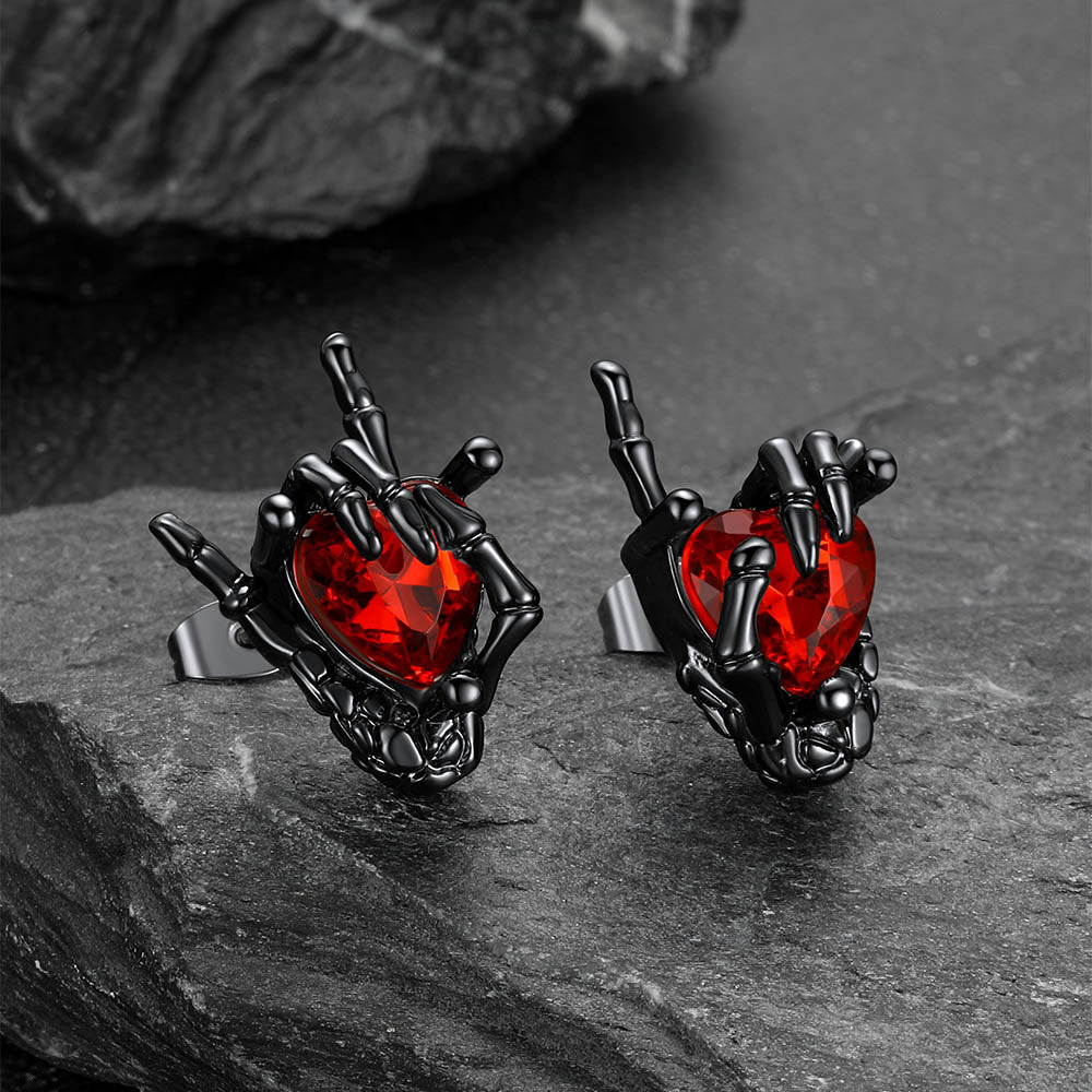 Rock Heart Gemstone Skeleton Hand Stud Earrings for Men