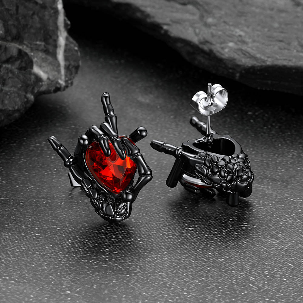 Rock Heart Gemstone Skeleton Hand Stud Earrings for Men