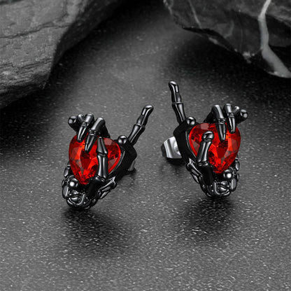 Rock Heart Gemstone Skeleton Hand Stud Earrings for Men