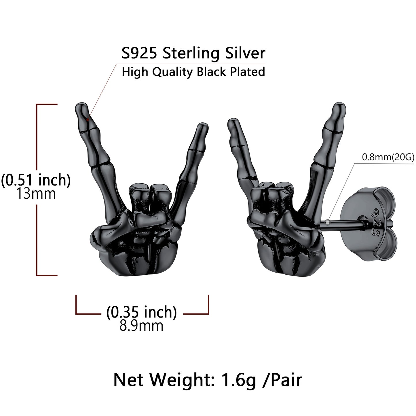 Black skeleton hand earrings with measurements and material details on a white background