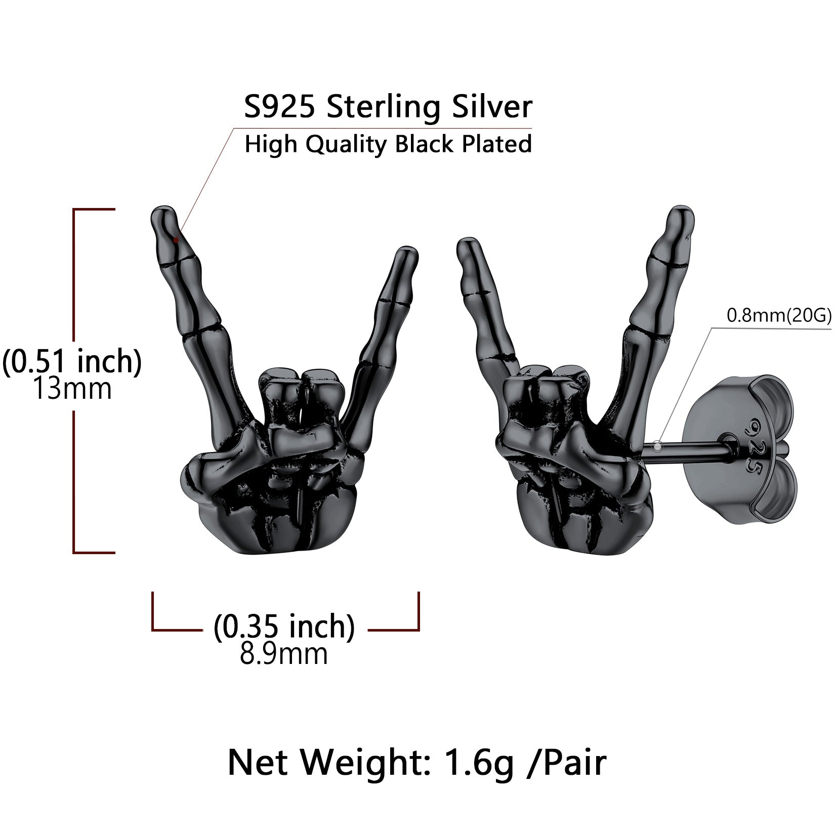Black skeleton hand earrings with measurements and material details on a white background