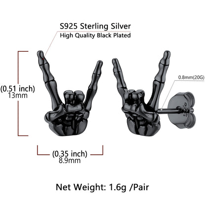 Black skeleton hand earrings with measurements and material details on a white background