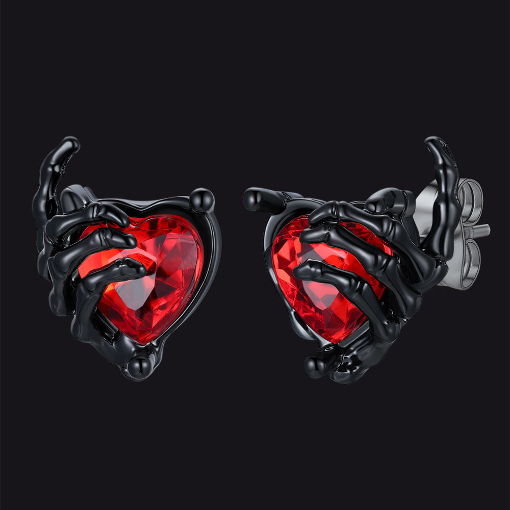 Black Ruby Heart Skull Hand Stud Earrings Gothic Jewelry for Men