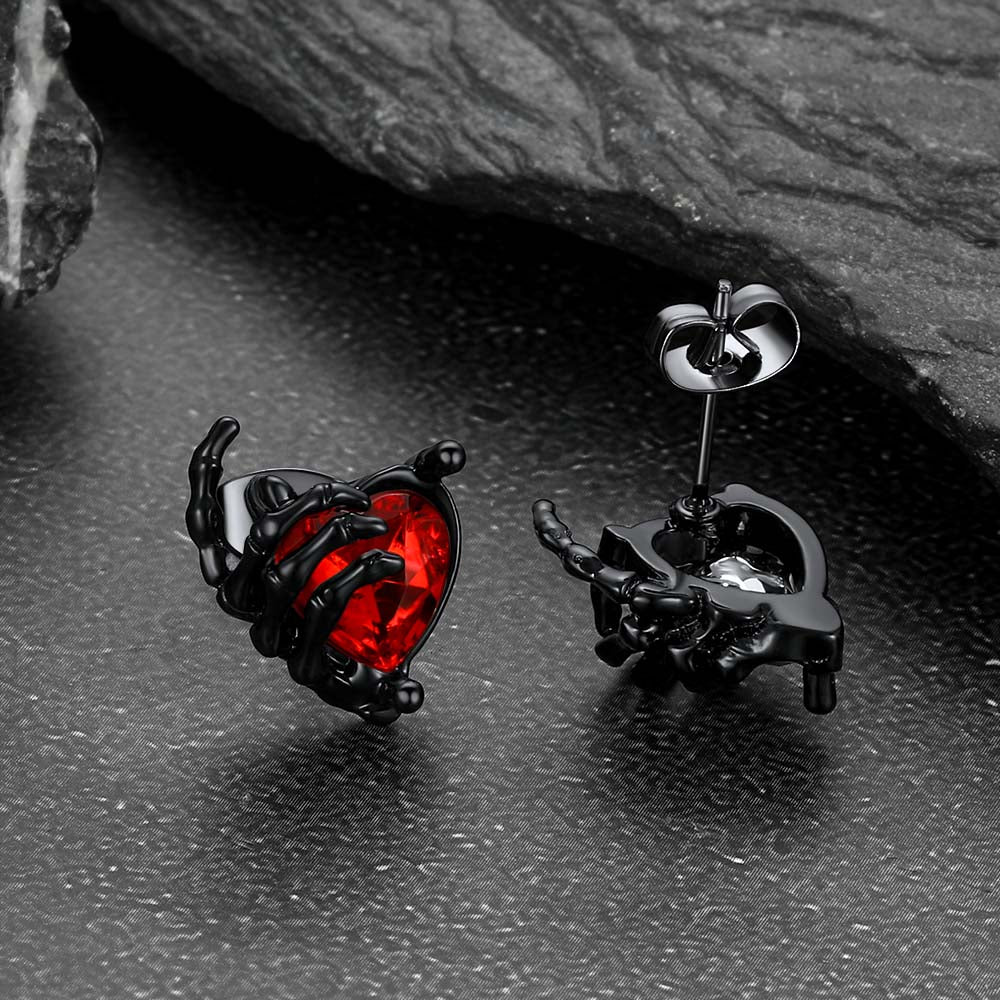 Black Ruby Heart Skull Hand Stud Earrings Gothic Jewelry for Men