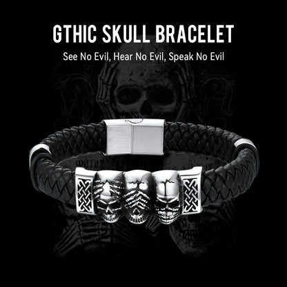 Gothic 3 Skull Braided Leather Bracelet Gift For Men Son Grandson