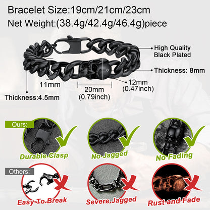 Gothic Heavy Cuban Chain Skull Bracelet For Men in Stainless Steel