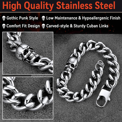 Gothic Heavy Cuban Chain Skull Bracelet For Men in Stainless Steel