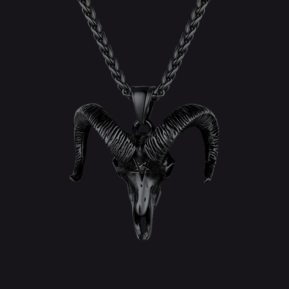 Faithheart Skull Satanic Goat Head Necklace with Invert Pentagram for Men