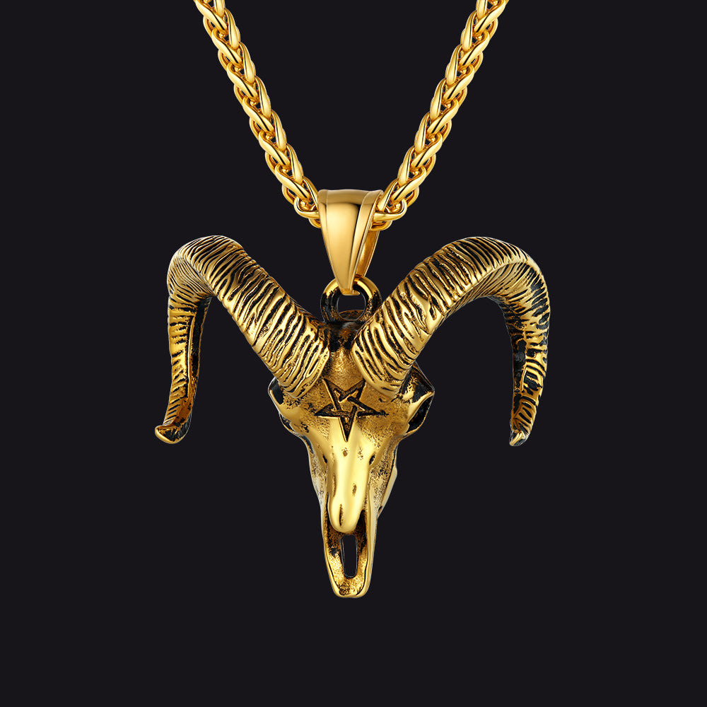 Faithheart Skull Satanic Goat Head Necklace with Invert Pentagram for Men