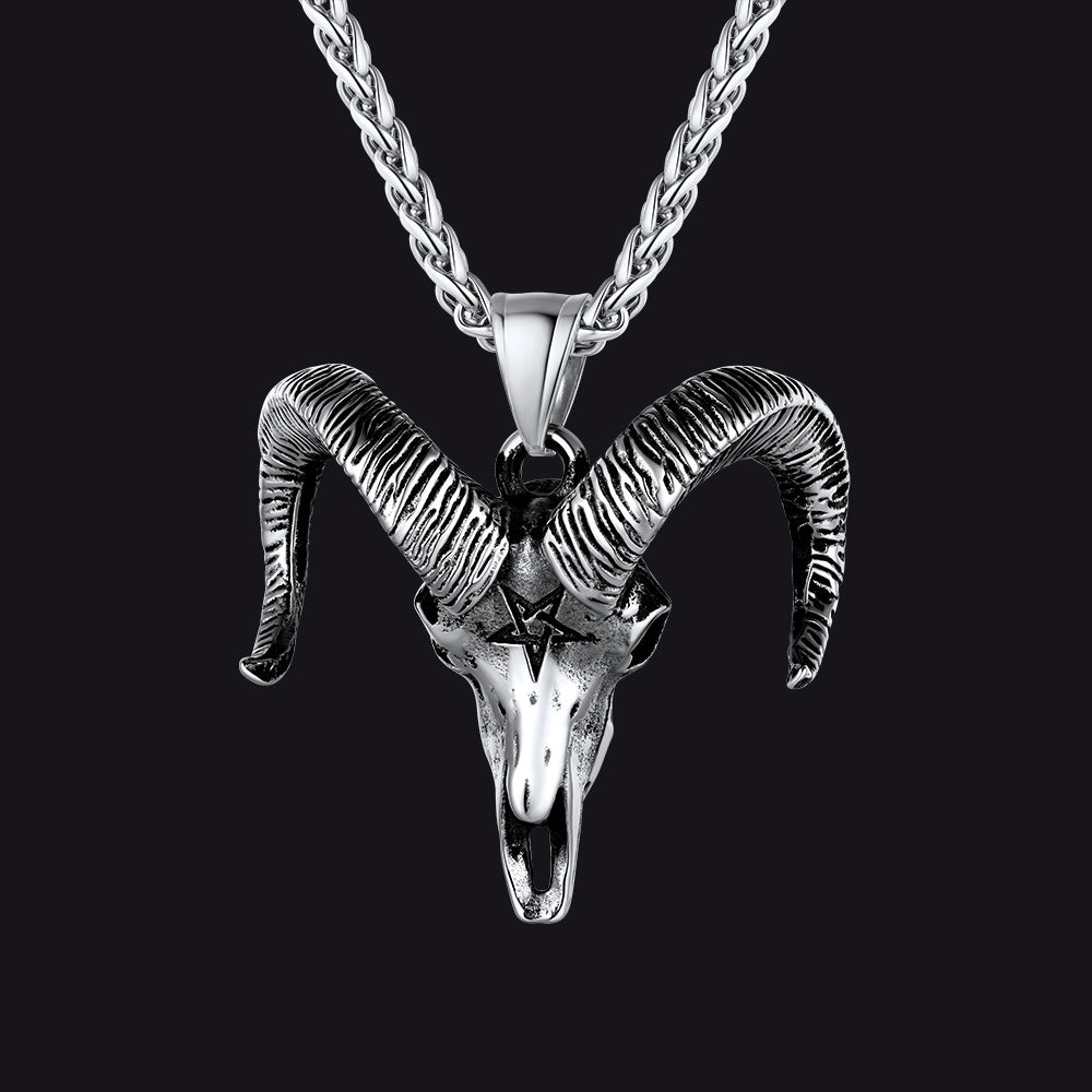 Faithheart Skull Satanic Goat Head Necklace with Invert Pentagram for Men
