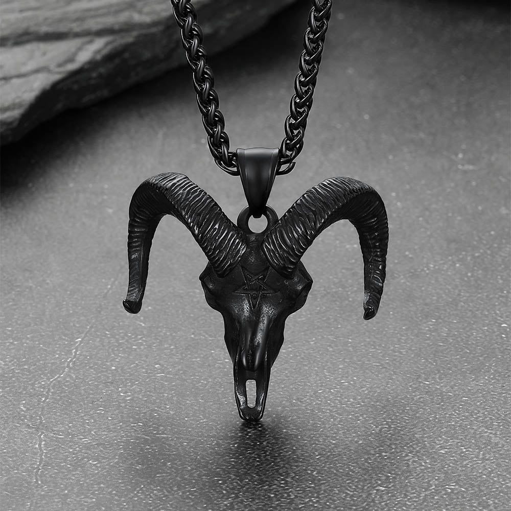 Faithheart Skull Satanic Goat Head Necklace with Invert Pentagram for Men