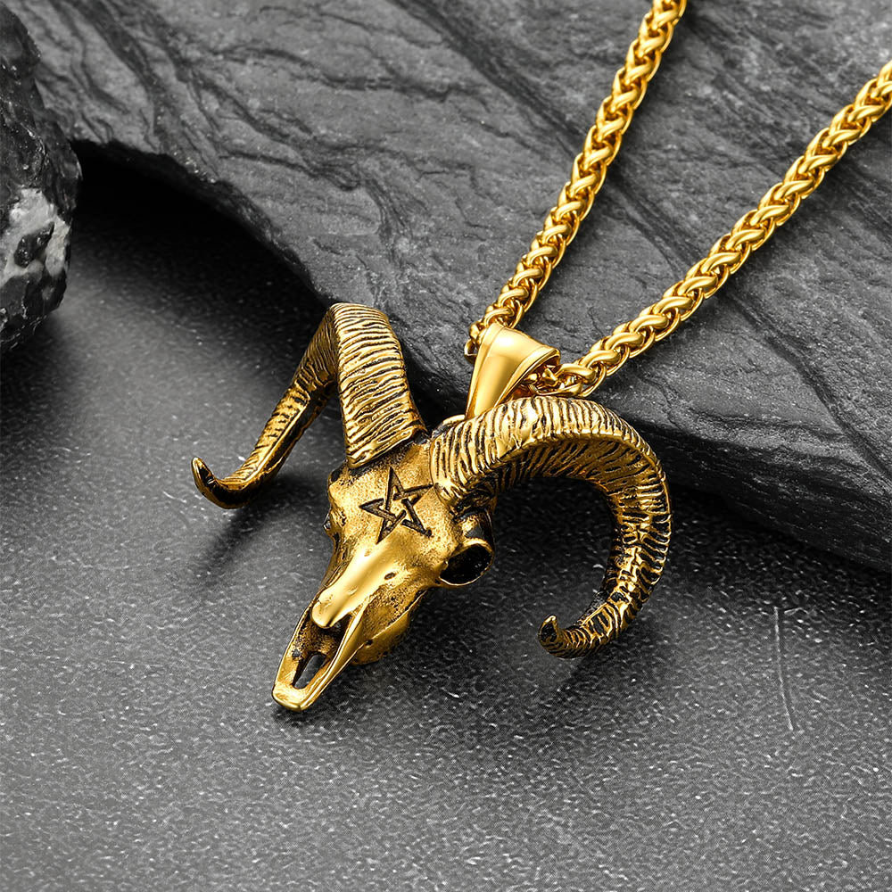 Faithheart Skull Satanic Goat Head Necklace with Invert Pentagram for Men