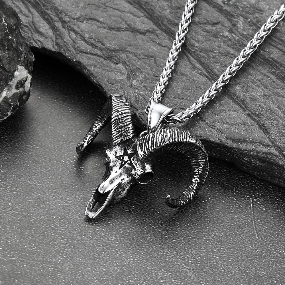 Faithheart Skull Satanic Goat Head Necklace with Invert Pentagram for Men