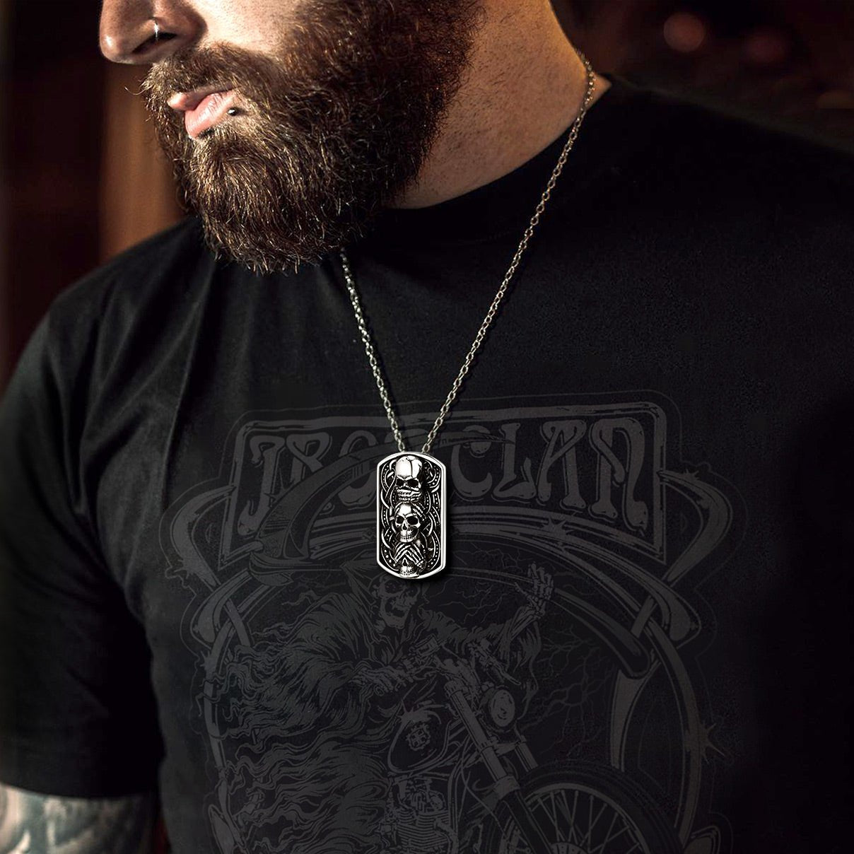 See No Evil, Hear No Evil, Speak No Evil Skulls Dog Tag Necklace for Men