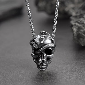 Gothic Snake Skull Pendant Necklace for Men, Stainless Steel