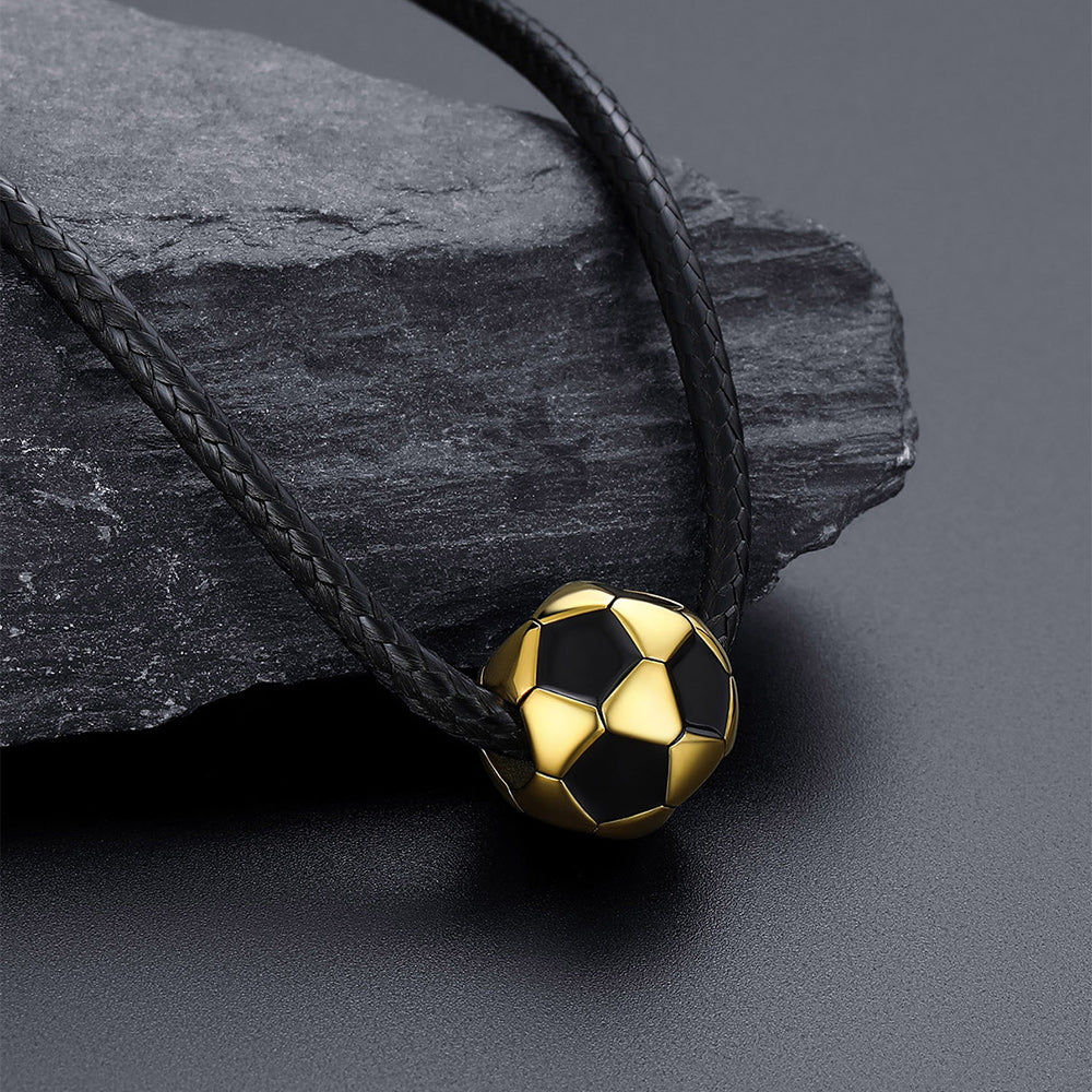 Gold 3D Soccer Sport Necklace with Braided Leather Necklace for Men Sports Fans