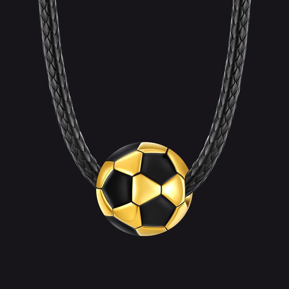 Gold 3D Soccer Sport Necklace with Braided Leather Necklace