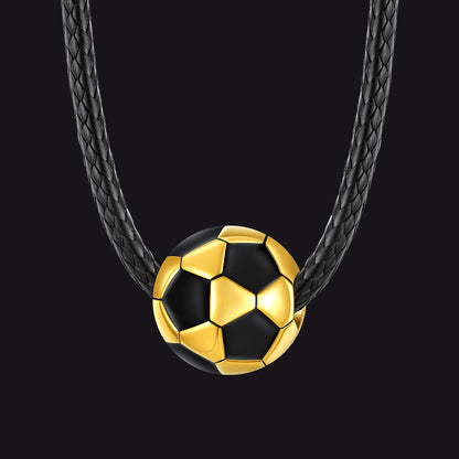 Gold 3D Soccer Sport Necklace with Braided Leather Necklace