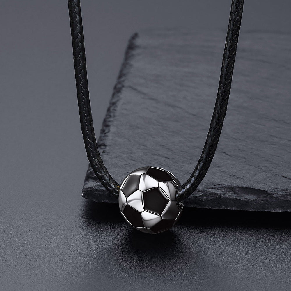  Silver 3D Soccer Sport Necklace with Braided Leather Necklace