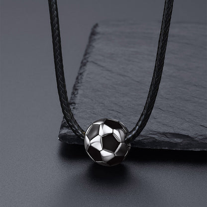  Silver 3D Soccer Sport Necklace with Braided Leather Necklace