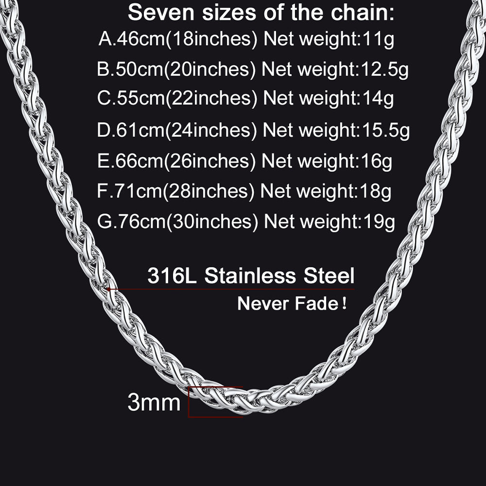 Stainless Steel Spiga Wheat Chain Necklace for Men