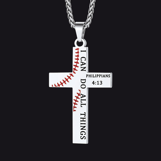 Silver Sport Baseball Cross Necklace for Men, "I CAN DO All Things" Bible Verse Engravedimg
