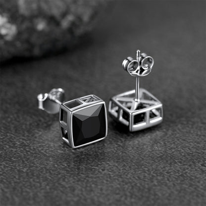 Sterling Silver Square Black Onyx Stud Earrings For Men Women