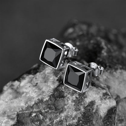 Sterling Silver Square Black Onyx Stud Earrings For Men Women