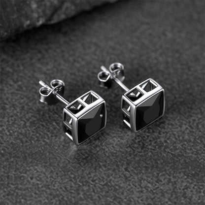 Sterling Silver Square Black Onyx Stud Earrings For Men Women