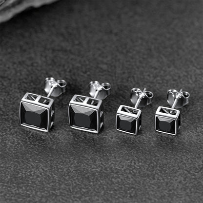 Sterling Silver Square Black Onyx Stud Earrings For Men Women