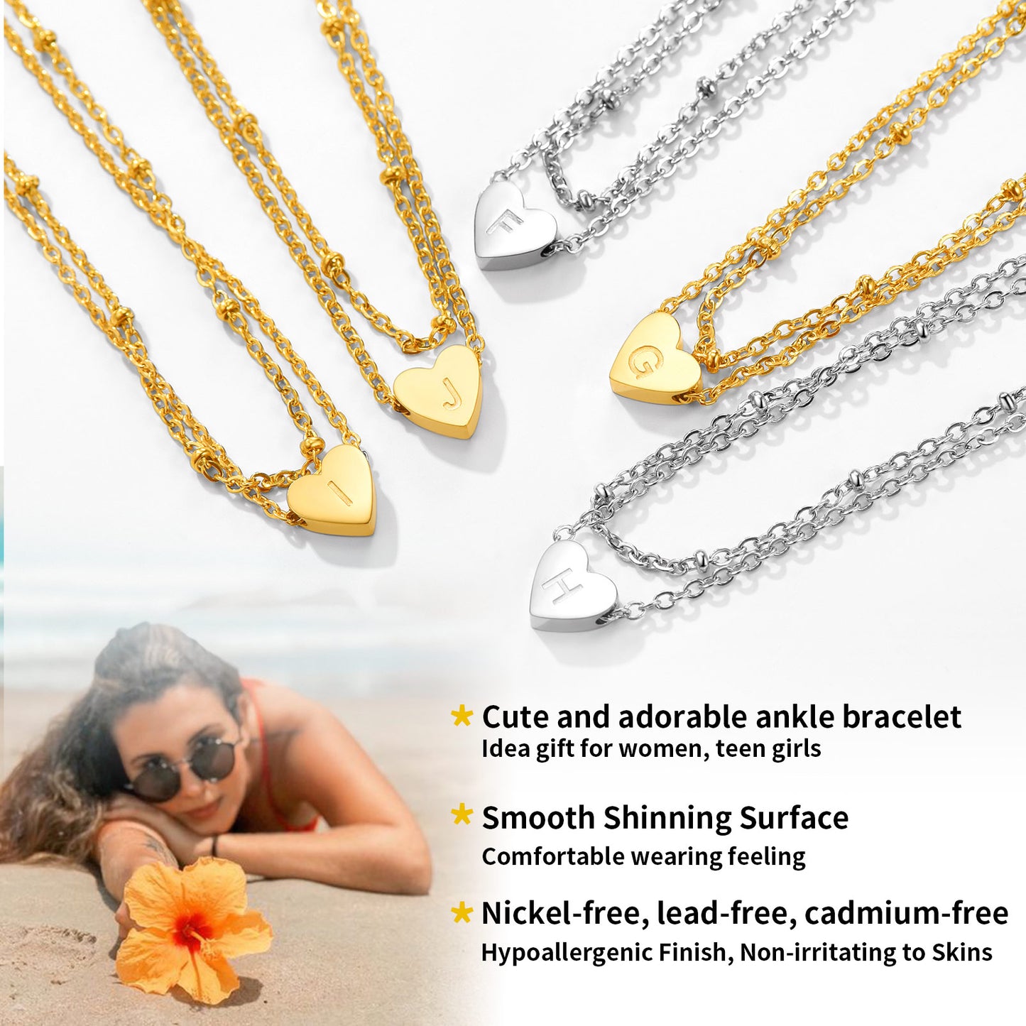 Initial Heart Anklet for Women, Adjustable layered anklet, personalized gift