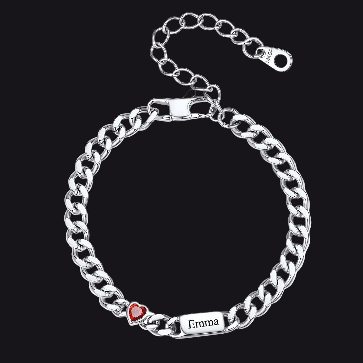 Steel Custom 1 Name Cuban Chain Bracelet with Haert Birthstone on a white background