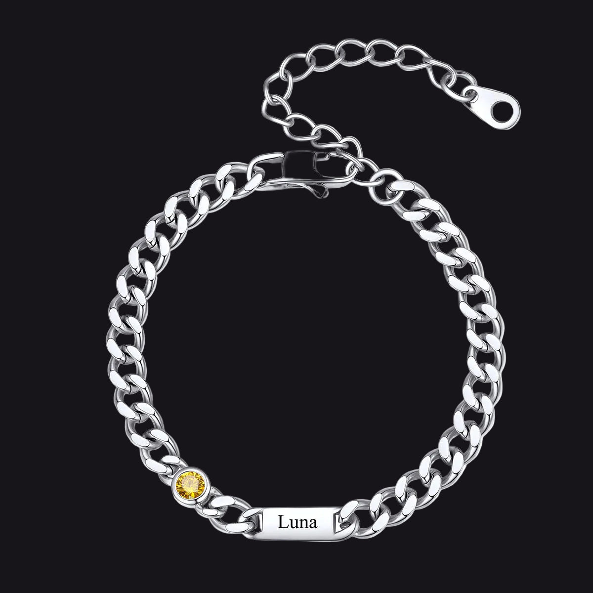 Steel Custom 1 Name Cuban Chain Bracelet with Round Birthstone on a white background
