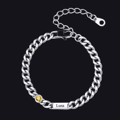 Steel Custom 1 Name Cuban Chain Bracelet with Round Birthstone on a white background