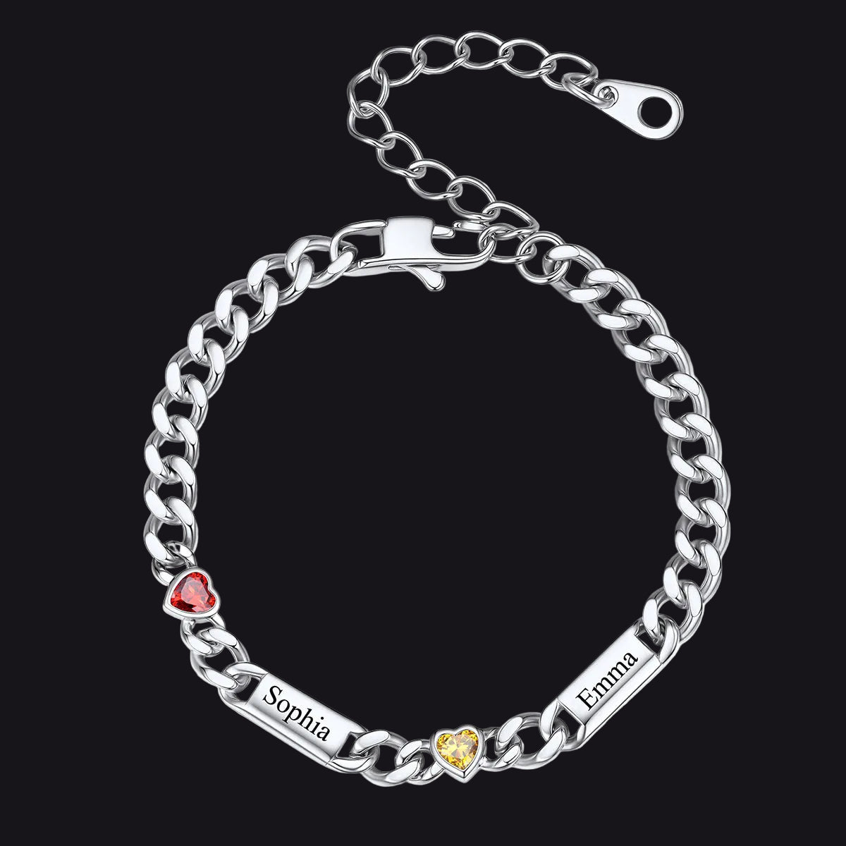 Steel Custom 2 Name Cuban Chain Bracelet with Haert Birthstone on a white background