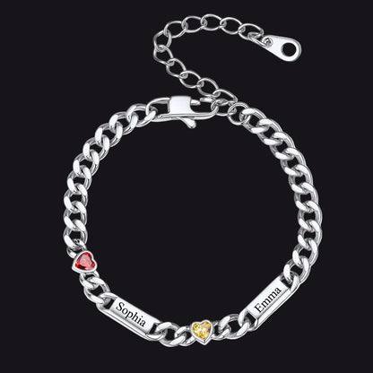 Steel Custom 2 Name Cuban Chain Bracelet with Haert Birthstone on a white background