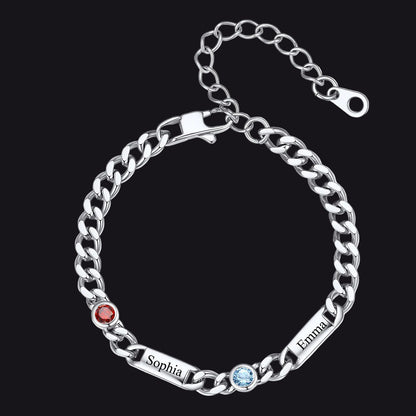 Steel Custom 2 Name Cuban Chain Bracelet with Round Birthstone on a white background