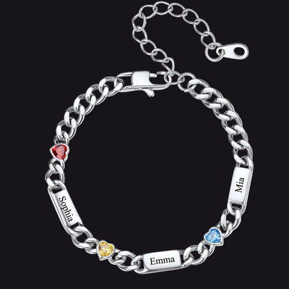 Steel Custom 3 Name Cuban Chain Bracelet with Haert Birthstone on a white background