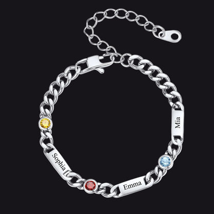 Steel Custom 3 Name Cuban Chain Bracelet with Round Birthstone on a white background